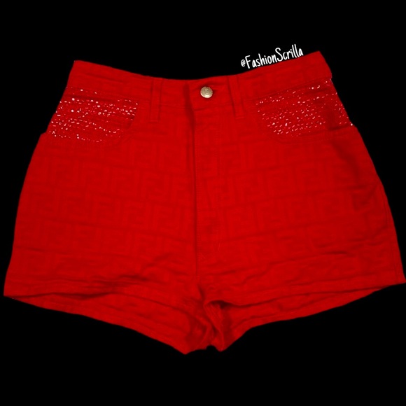 Fendi Red Zucca Monogram Logo High Waist Denim Mini Shorts - Picture 8 of 15